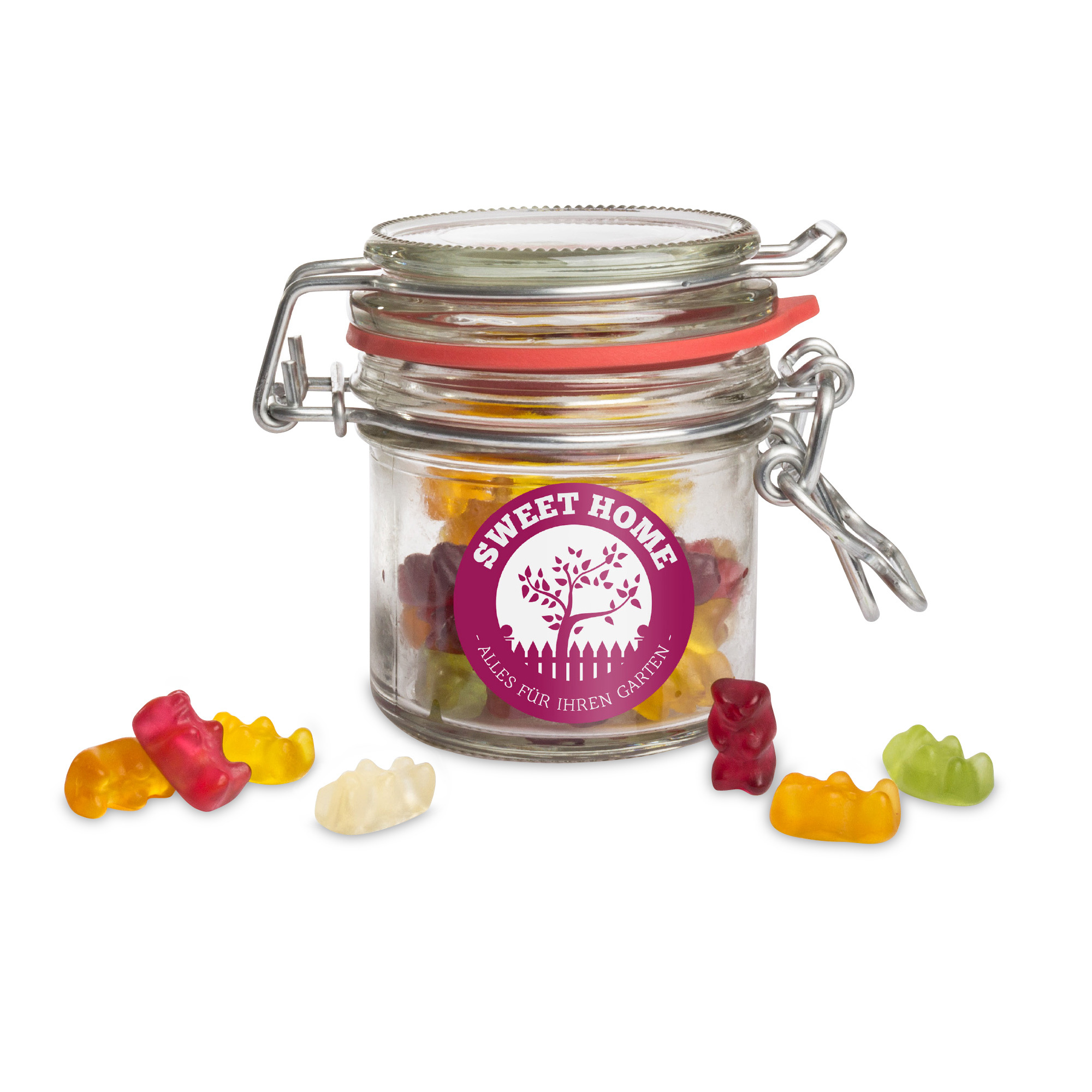 Preserving jar with standard fruit gum shapes 266 g Customizable label