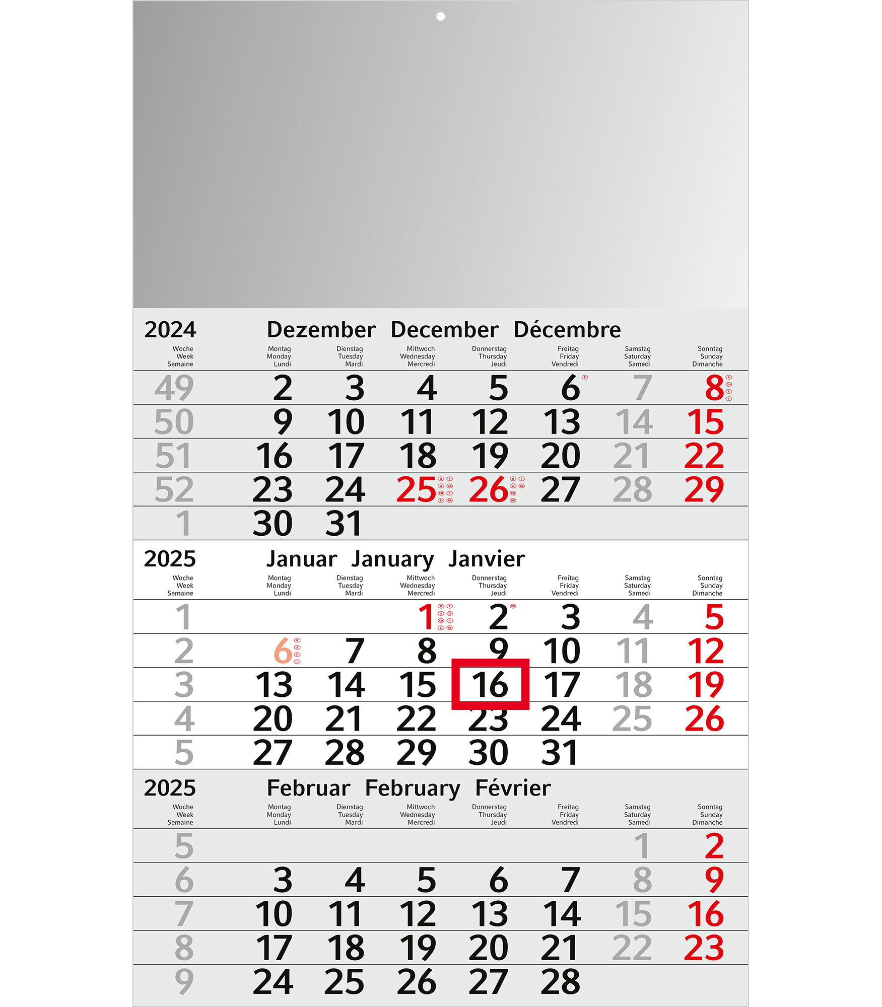 Calendrier mural 3 mois en 3 langues Made in Germany