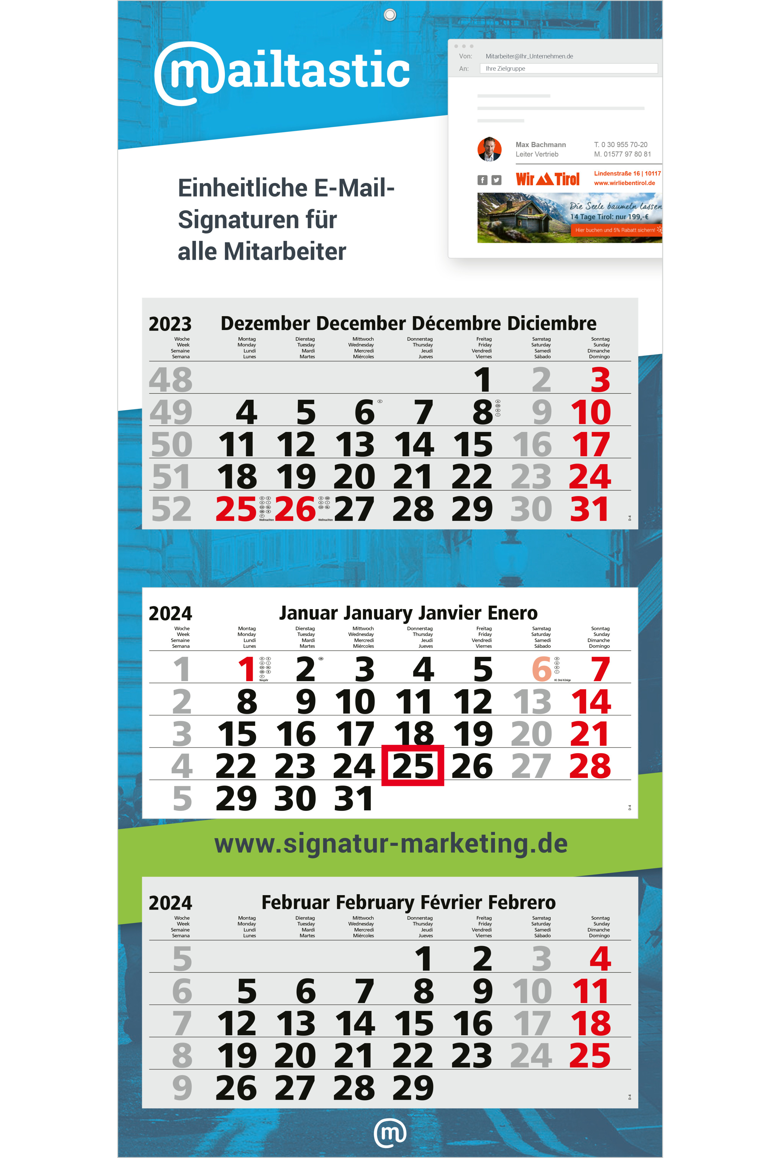 Calendrier mural 3 mois 4 langues Made in Germany