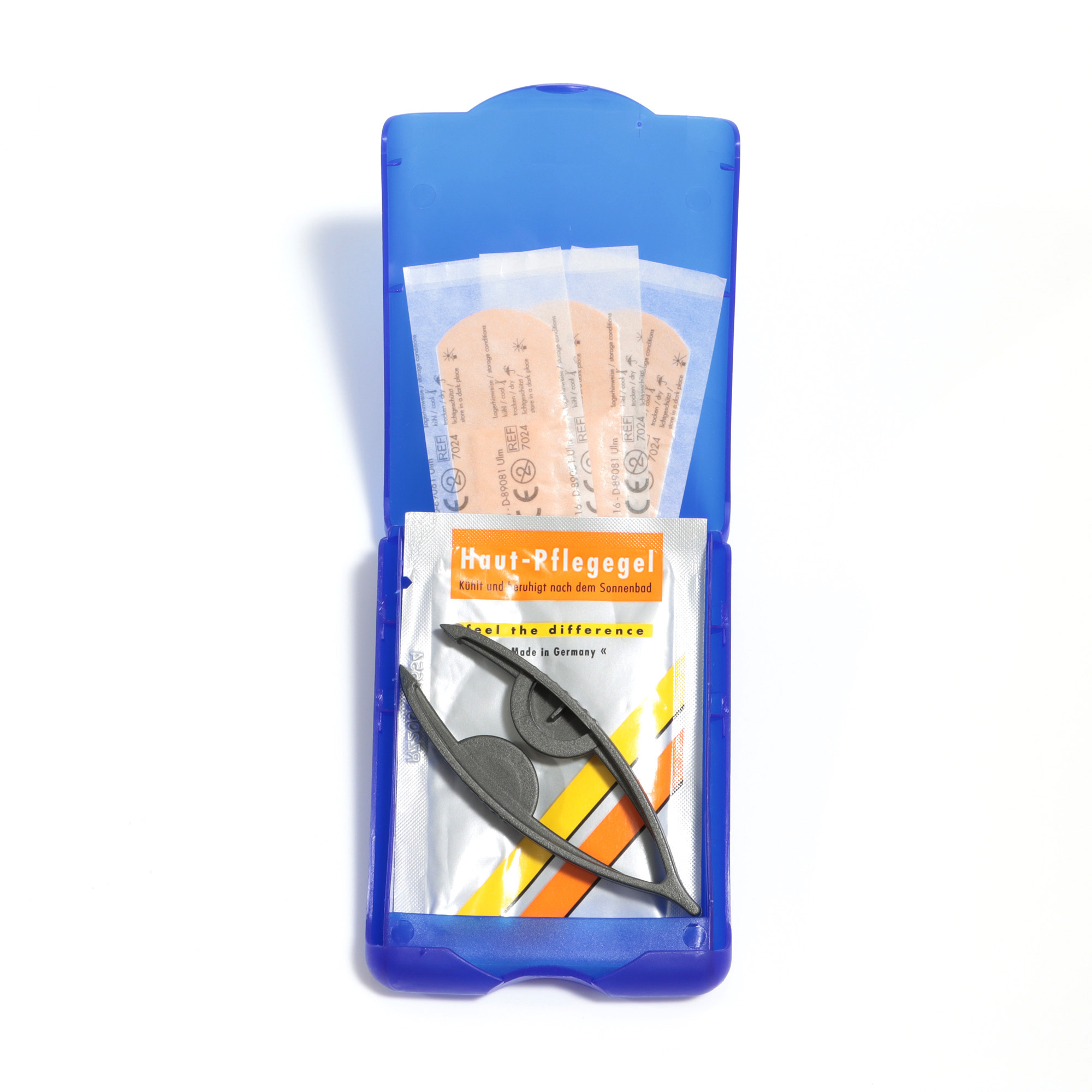 Pflasterset mit 14 Pflaster, Pinzette, Hautpflege-Gel in Box