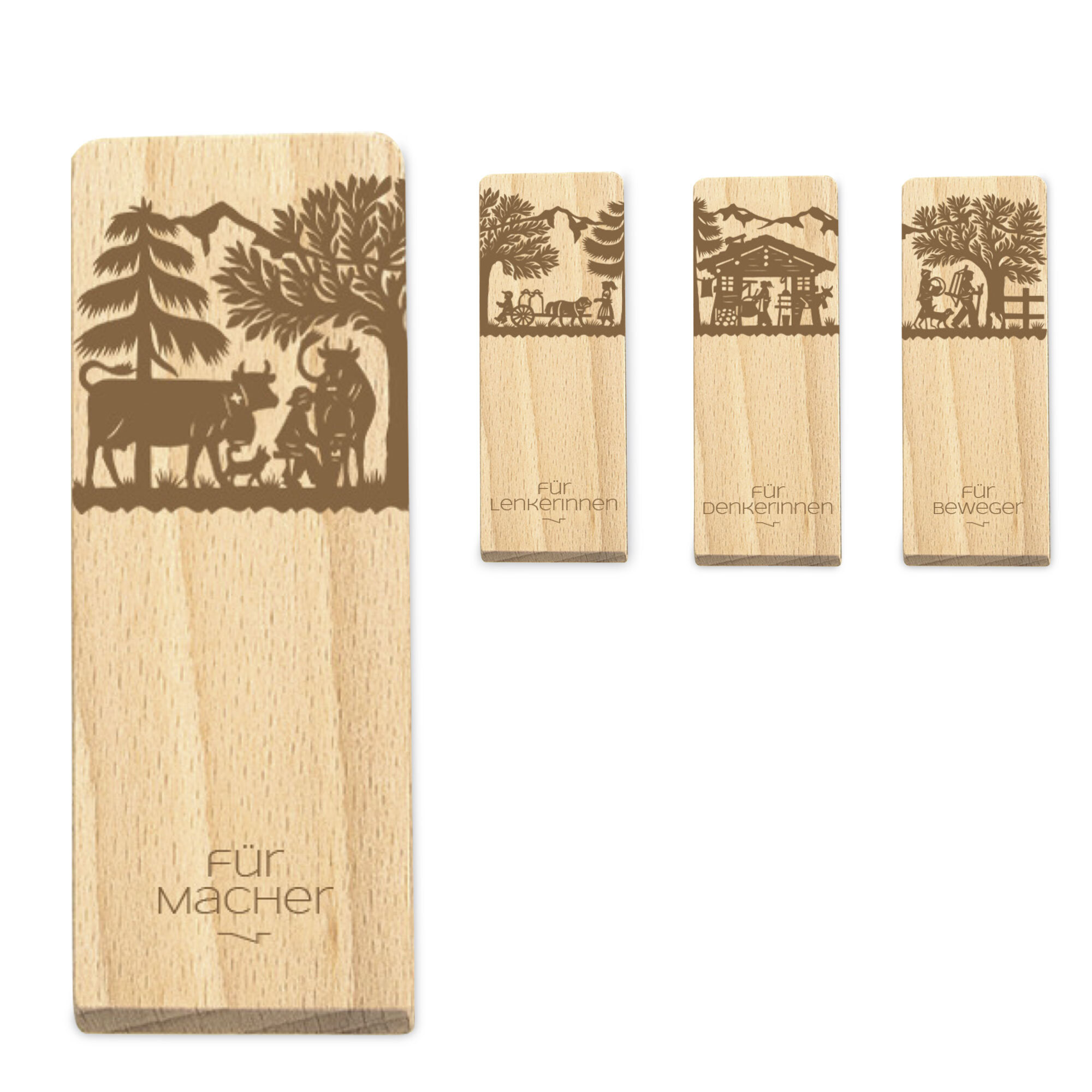 Set de 4 spatules à raclette en bois de hêtre FSC, impression au feu Swiss Made