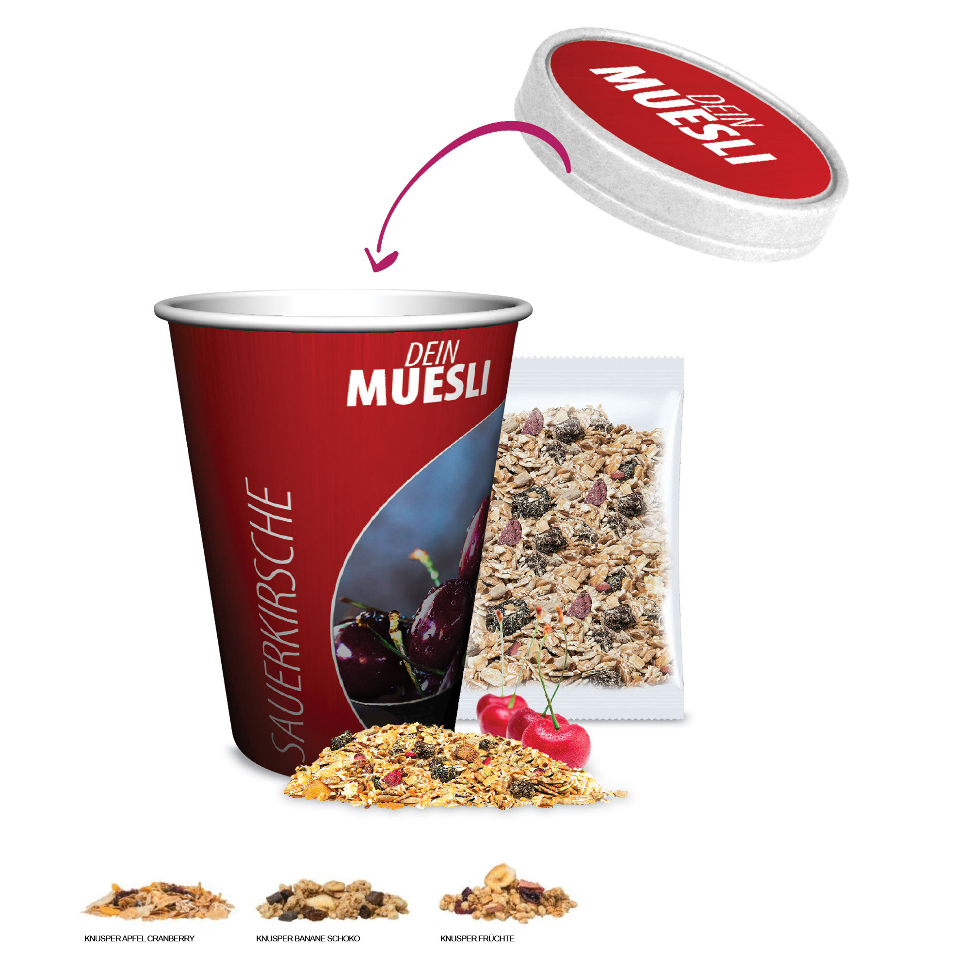 Muesli en gobelet 50 g Ø 9 x 11 cm en 3 saveurs