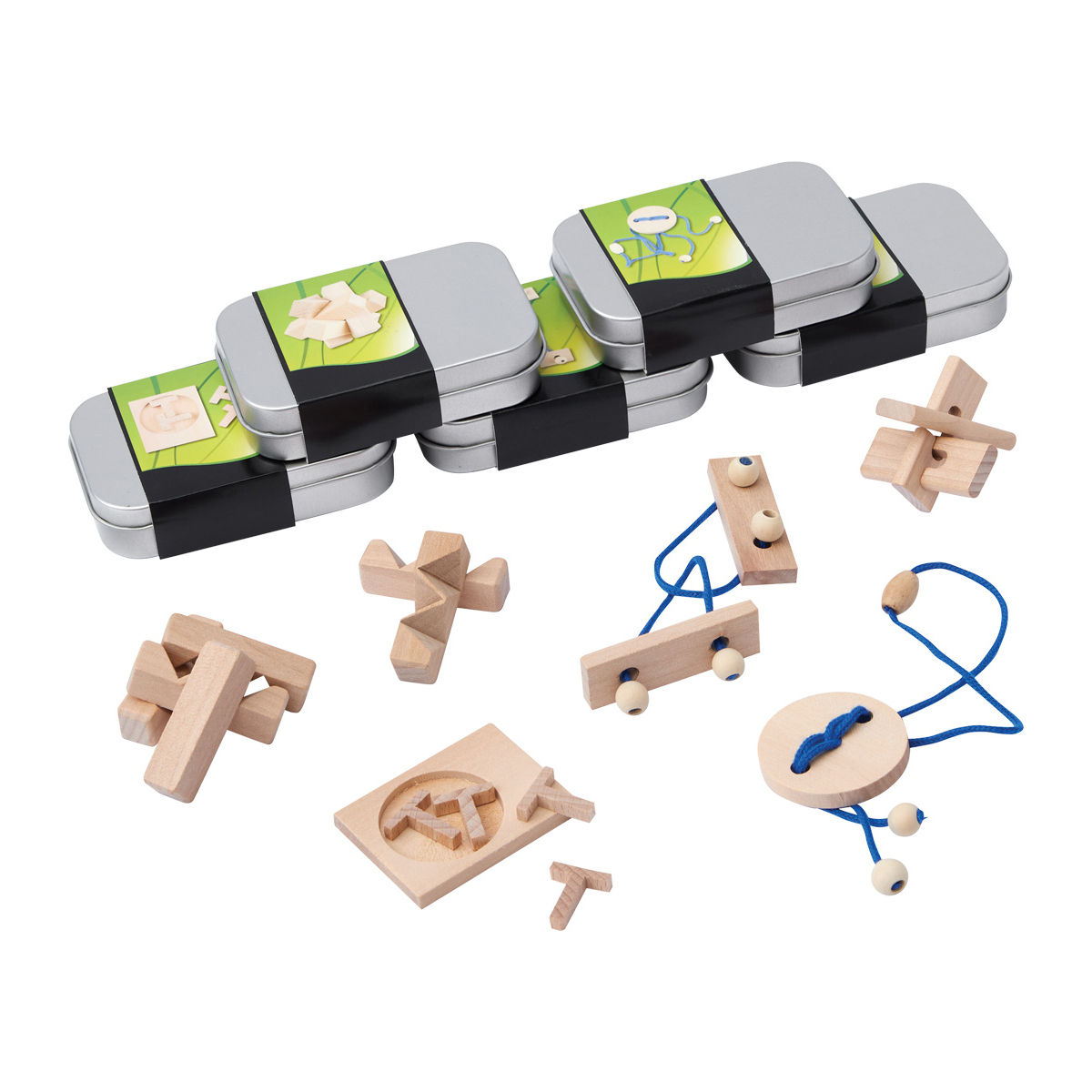Geschicklichkeitsspiel-Set bestehend aus 5 Spielen in Metalldose