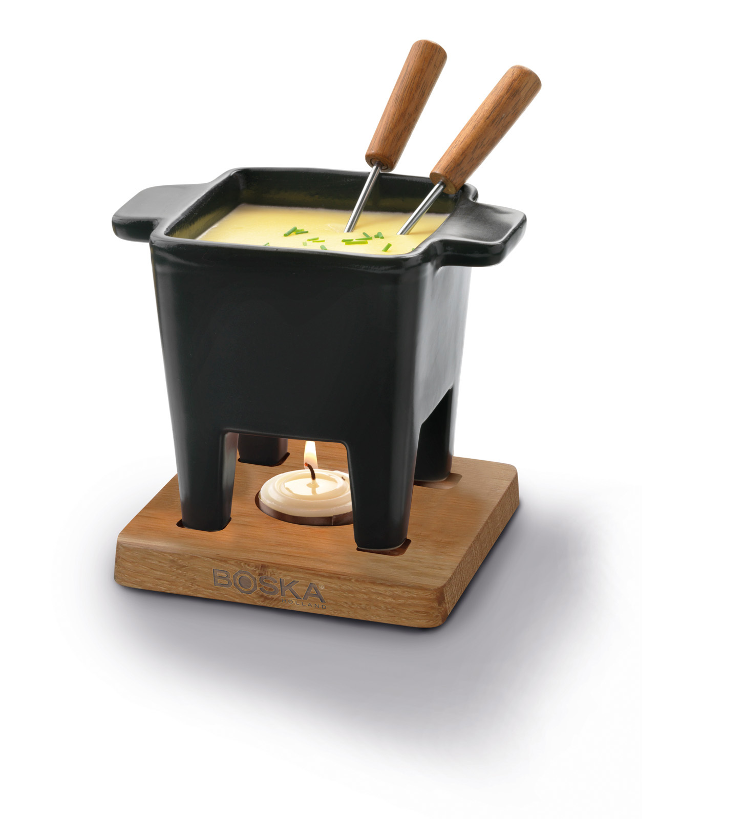 Mini service à fondue avec bougie à chauffe-plat et 2 pcs. Fourchettes à fondue