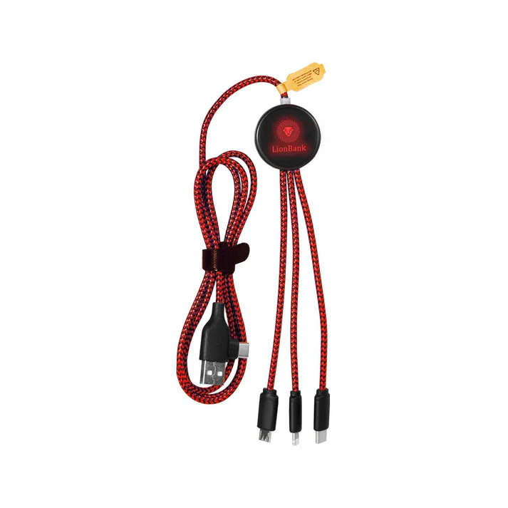 USB 5-in-1-Ladekabel aus rPET mit LED-Logo USB-C und USB-A Anschluss