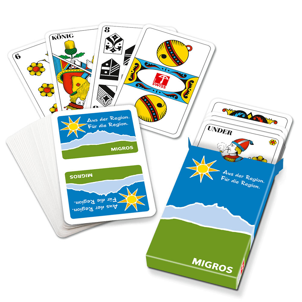 Cartes de jass dans une boîte pliante personnalisée, avec un motif allemand ou français, fabriquées en Europe