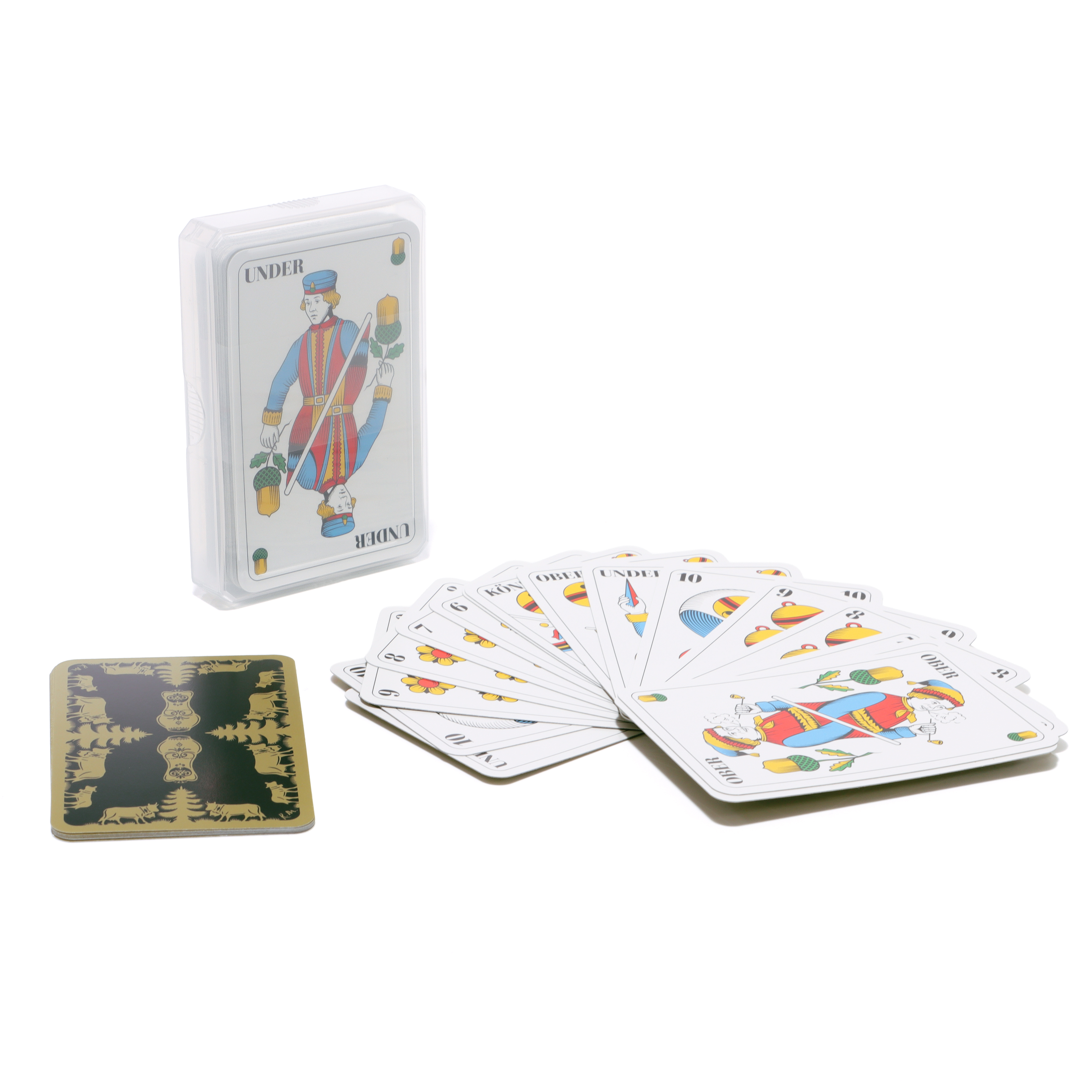 Jeu de cartes de jass dans une boîte en plastique, motif allemand ou français, fabriqué en Suisse