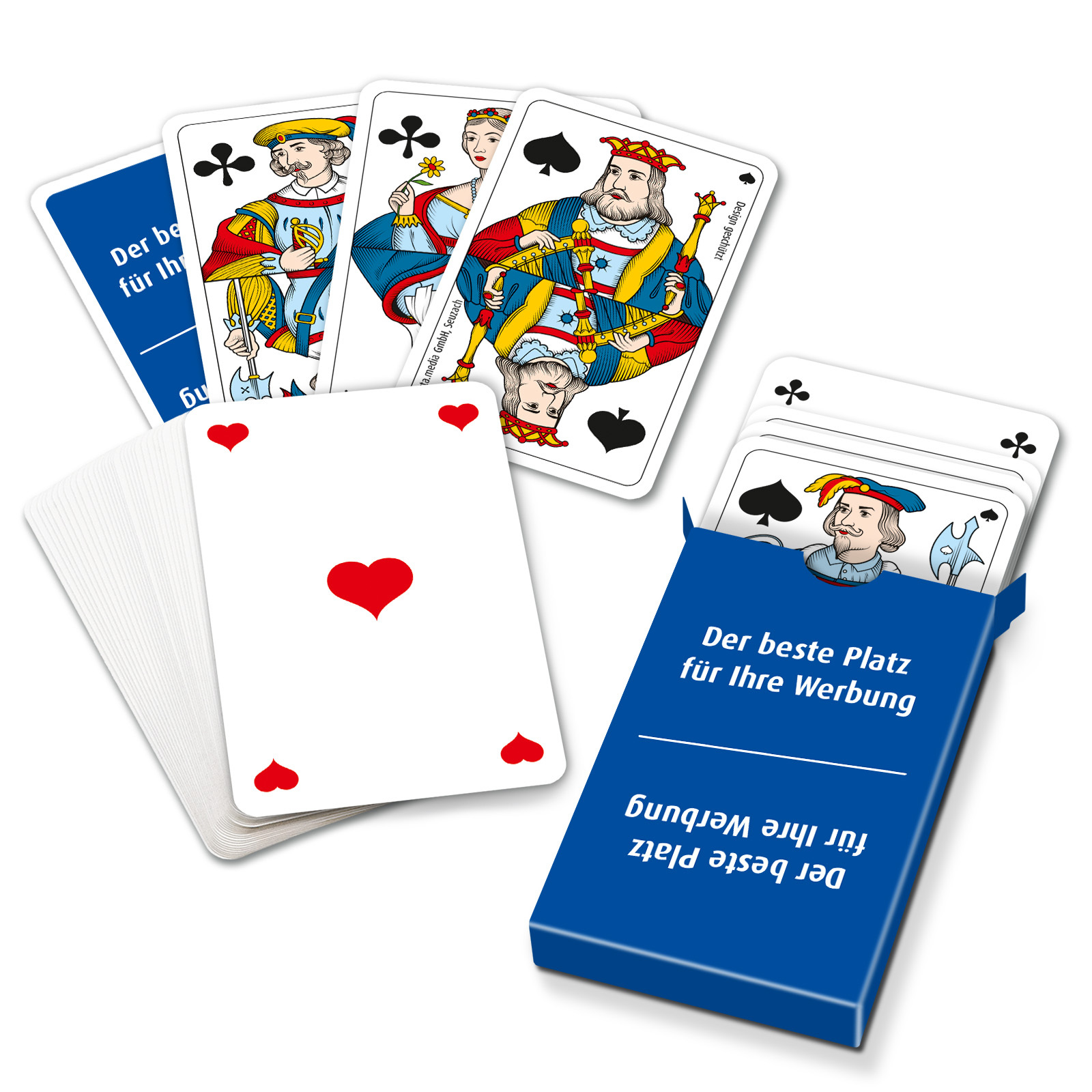 Cartes de jass dans une boîte pliante personnalisée, avec un motif allemand ou français, fabriquées en Suisse