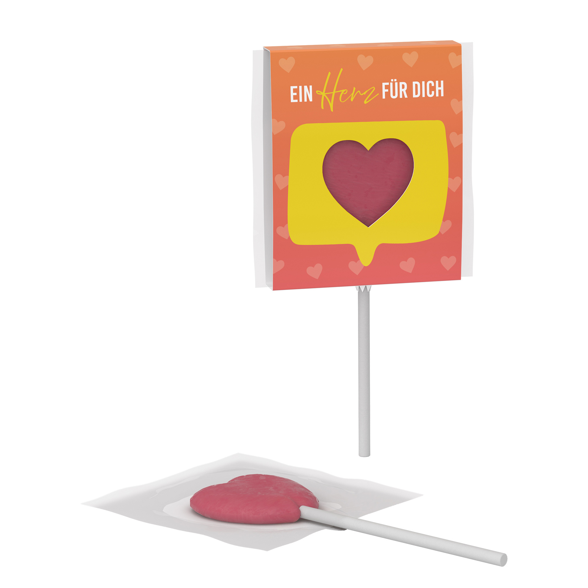 Heart-shaped flat lollipop, 10 g, in an FSC promotional card
