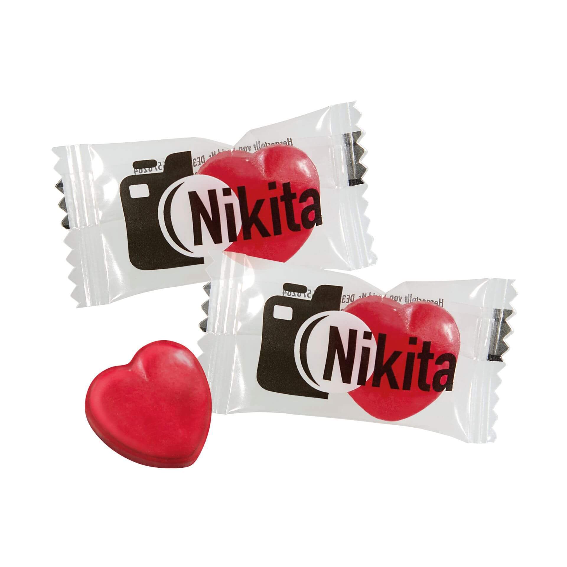 Herz Bonbons im Flowpack 5 x 2,5 cm 18 Monate haltbar 3,3 g