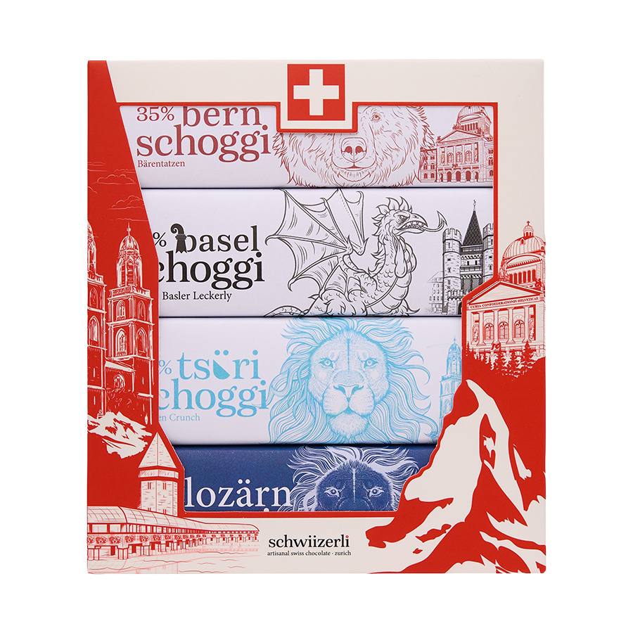 Coffret cadeau de 4 barres bio « Taucherli Schwiizerli Tsüri Schoggi », 32 g chacune, Swiss Made