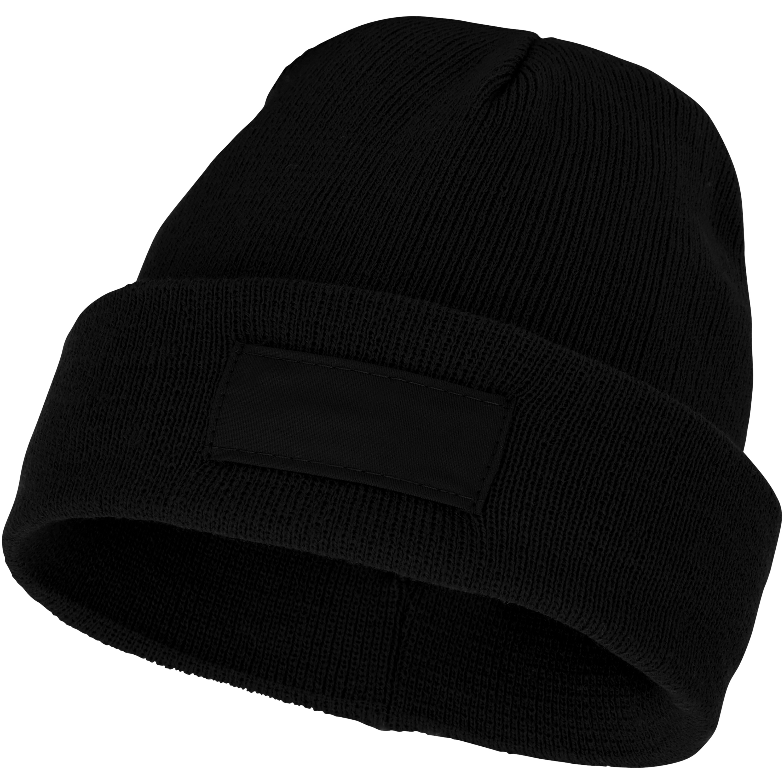 Bonnet tricoté en acrylique côtelé avec écusson de couleur contrastée
