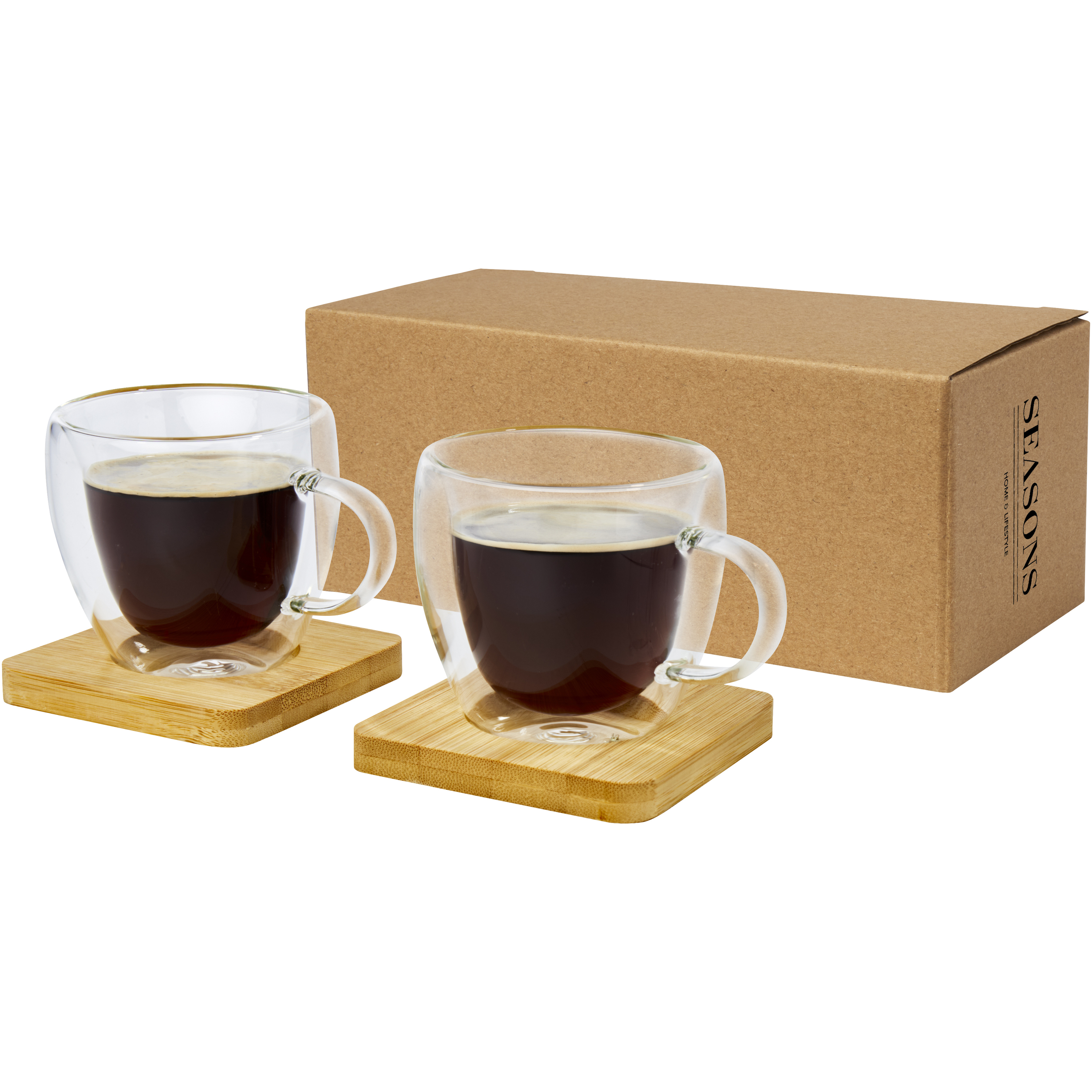 2er Tassen-Set aus Borosilikatglas 2 x 100 ml mit Bambusuntersetzer