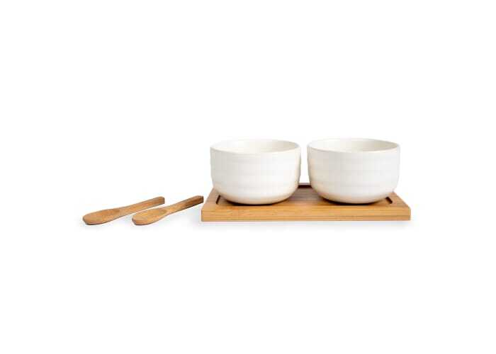 5-piece ceramic/bamboo bowl set with small ladles