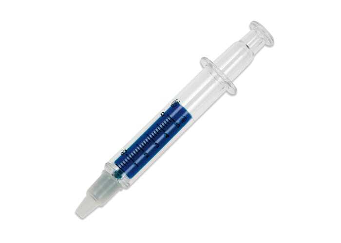 Spritzen-Textmarker aus Polystyrol diverse Farben mit transparentem Gehäuse
