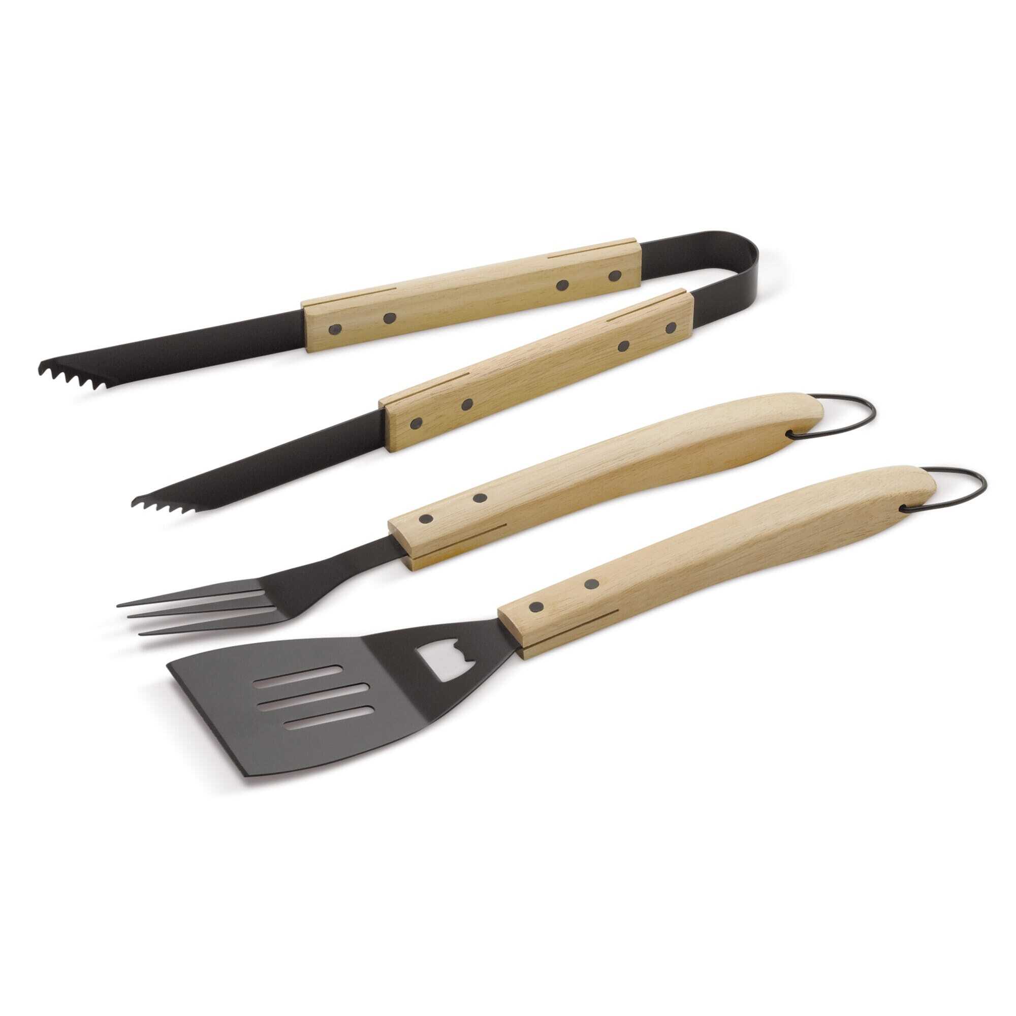 Set de barbecue 3 pièces en acier inoxydable et bois