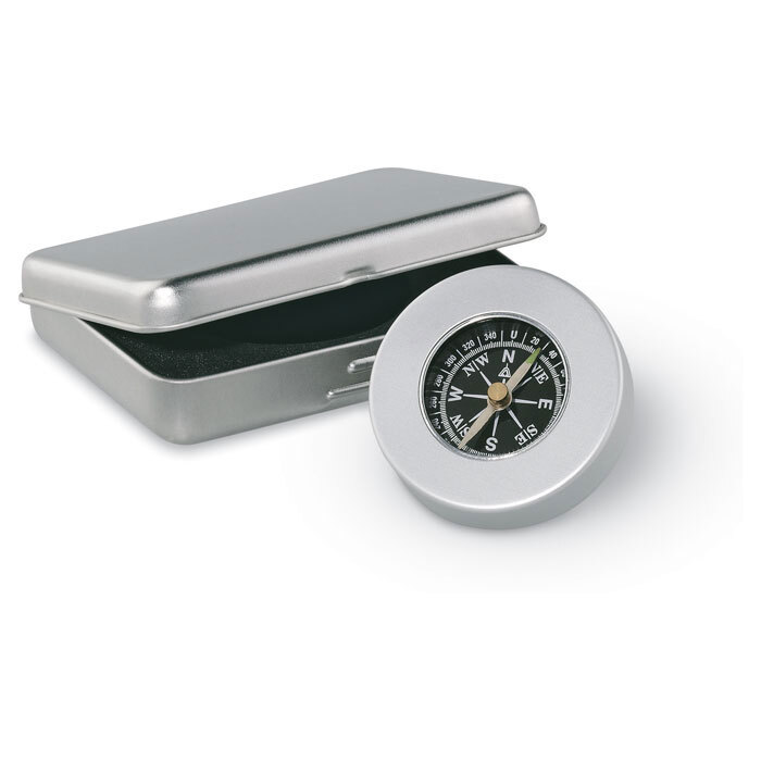 Boussole en acier inoxydable dans une boîte en aluminium 10,5 x 8 x 2 cm