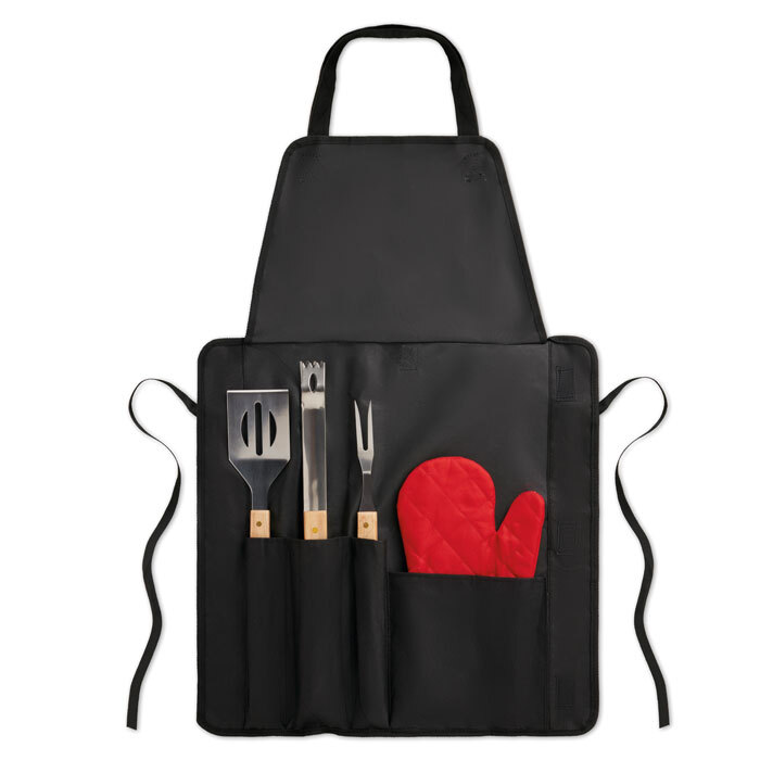Set de barbecue 5 pièces en métal et en bois avec tablier en polyester