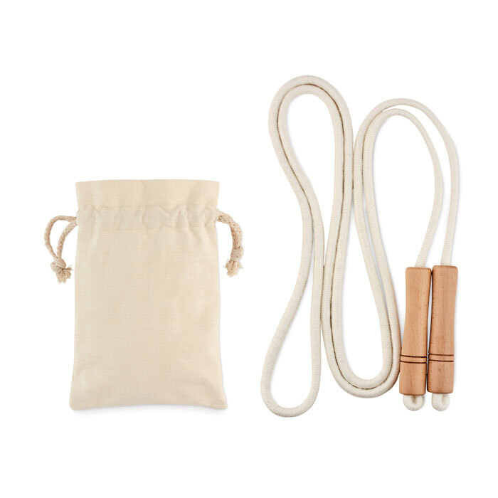 Cotton skipping rope with wooden handles in a cotton bag