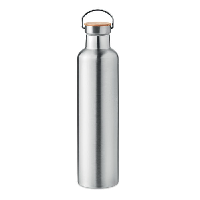 Isolierflasche aus Edelstahl 1 l mit Bambusdeckel und Henkel