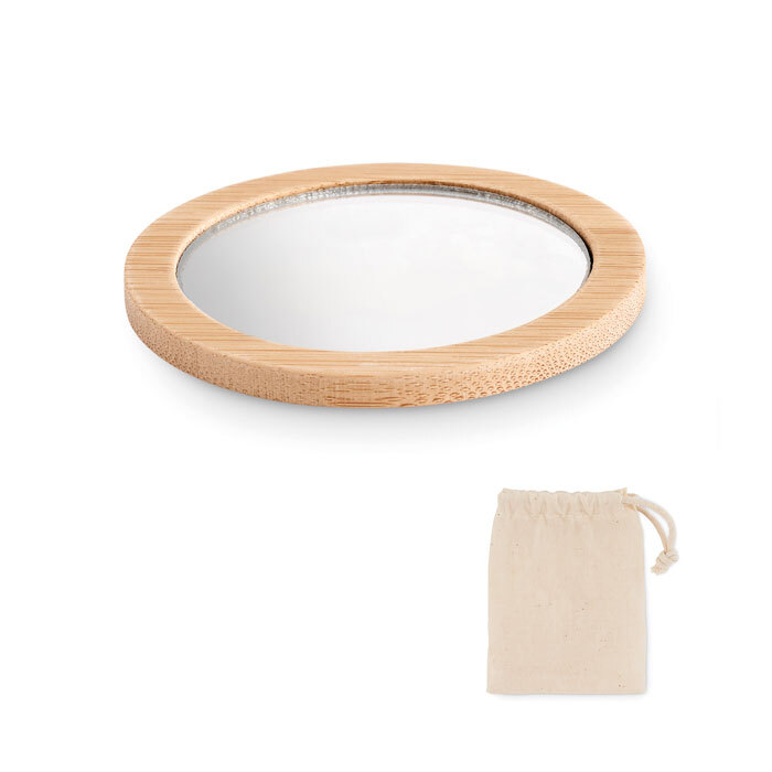 Bamboo pocket mirror in cotton drawstring bag Ø 12 x 8 cm