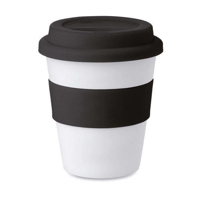 Plastic drinking cup 350 ml with silicone handle and lid