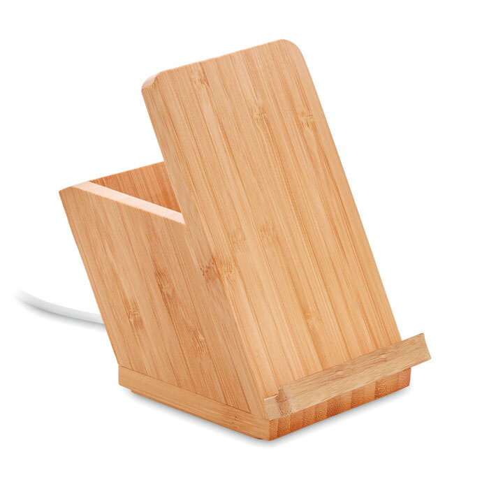 3-in-1 bamboo smartphone holder with wireless charger and pen holder