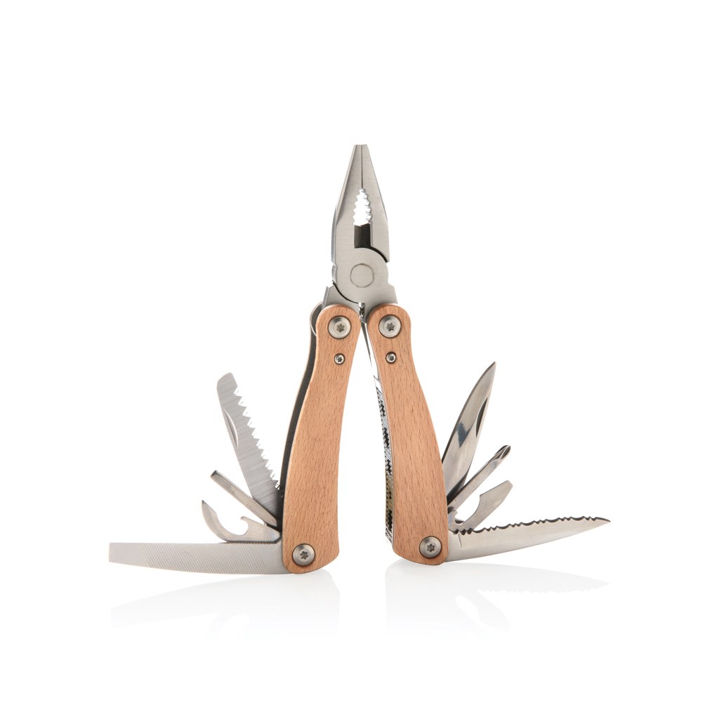 Multitool beech wood housing with 13 robust stainless steel functions