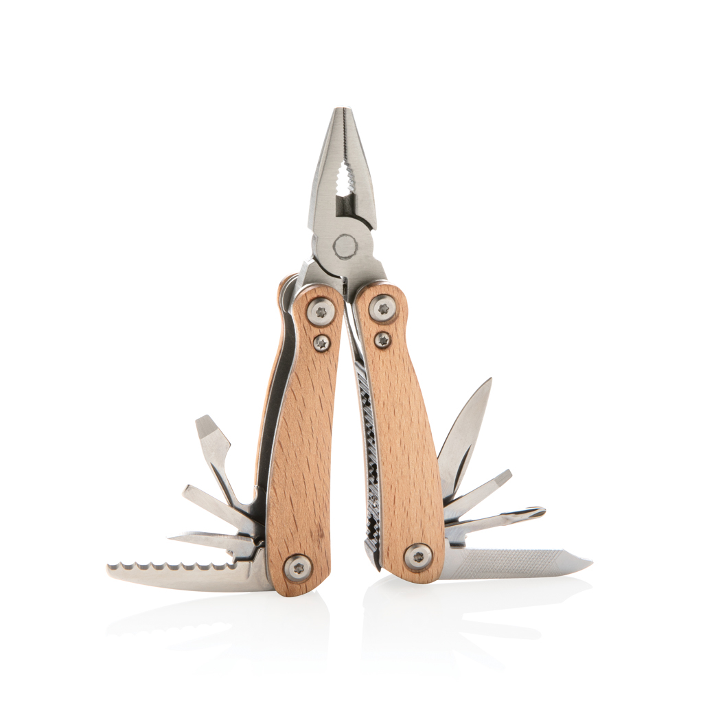 Mini multitool beech wood housing with 12 stainless steel functions