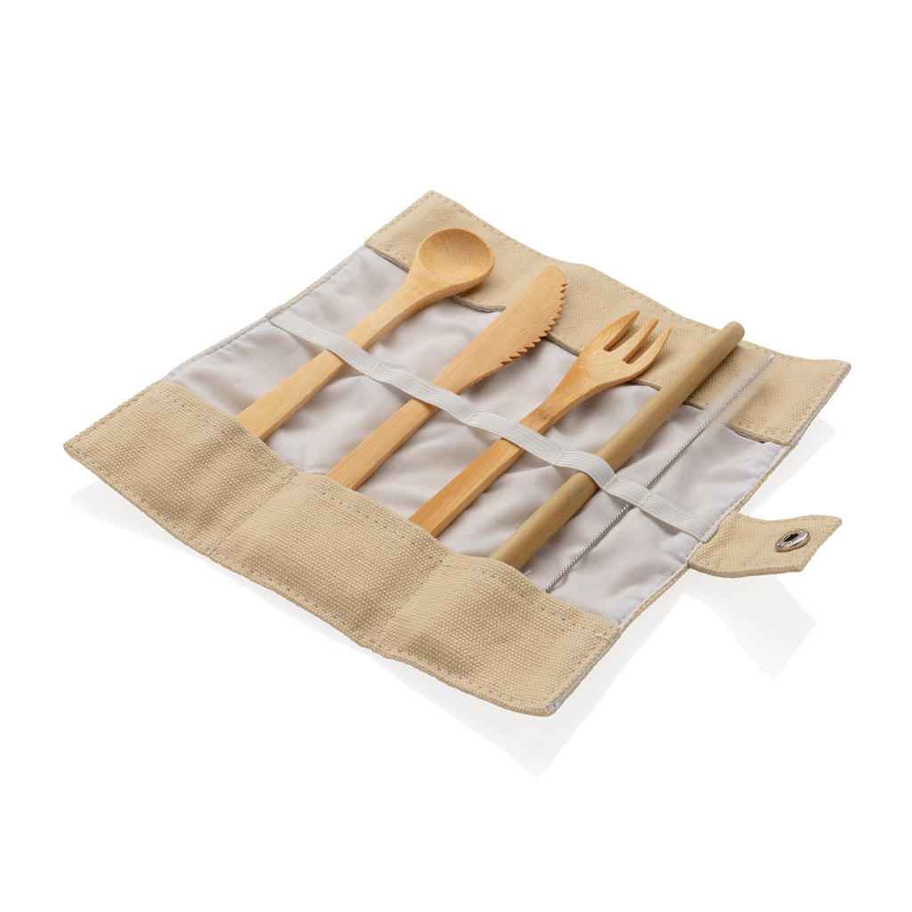 5-piece reusable bamboo travel cutlery set in a canvas bag