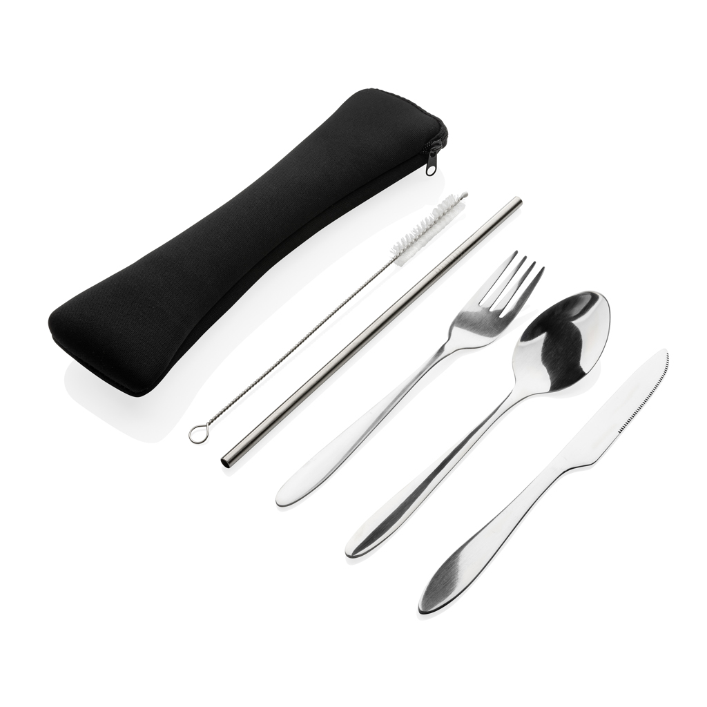 5-piece reusable stainless steel cutlery set in neoprene pouch