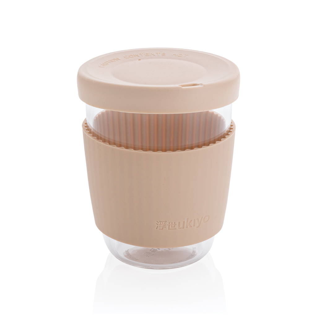 Trinkbecher aus Borosilikatglas 360 ml mit Silikondeckel und -Sleeve
