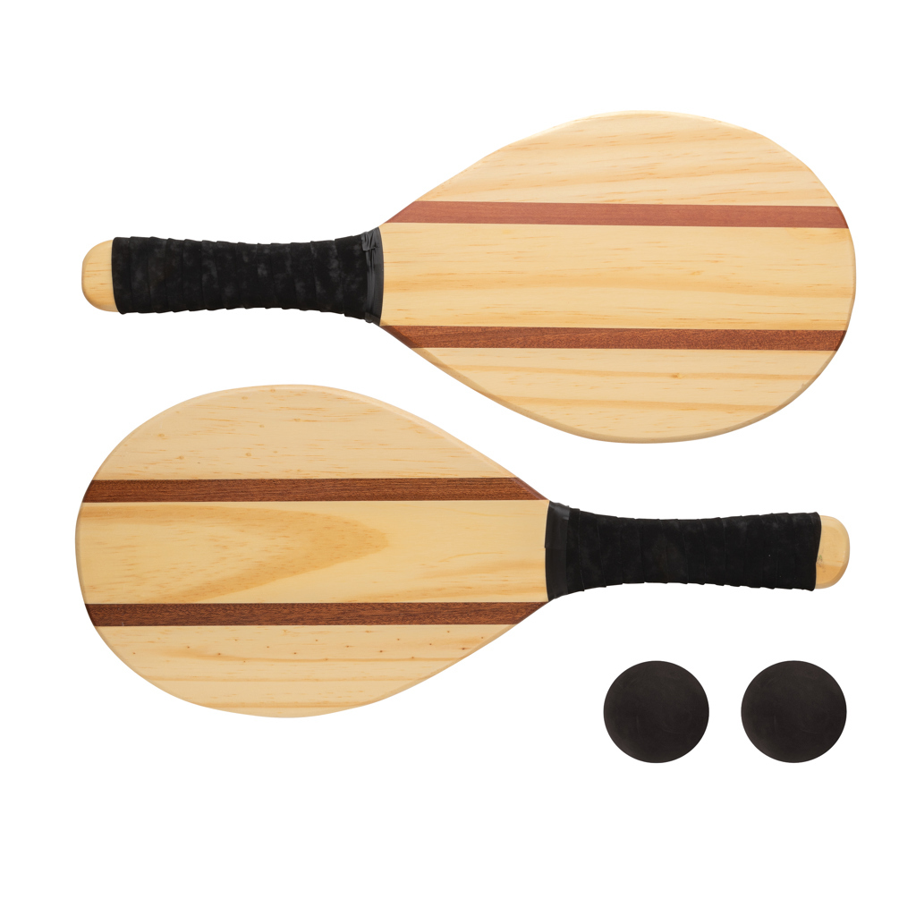 Beach ball racket set made of pine wood with 2 balls in cotton bag