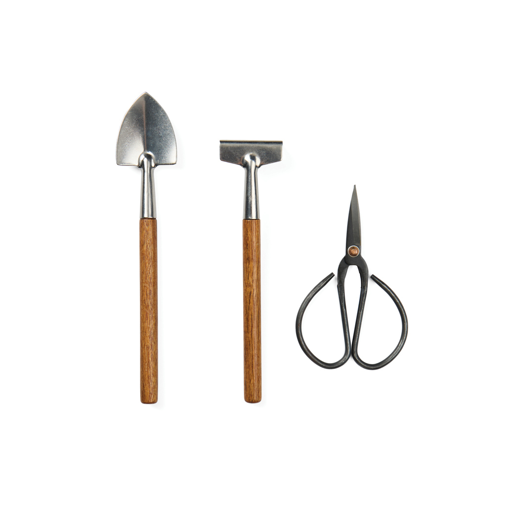 Indoor gardening set of 3 made of stainless steel/acacia wood/iron