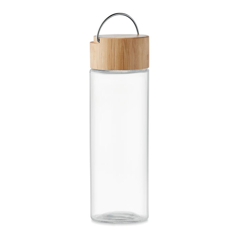 Trinkflasche aus Glas 0,5 l Bambusdeckel mit Henkel mit Logo bedrucken