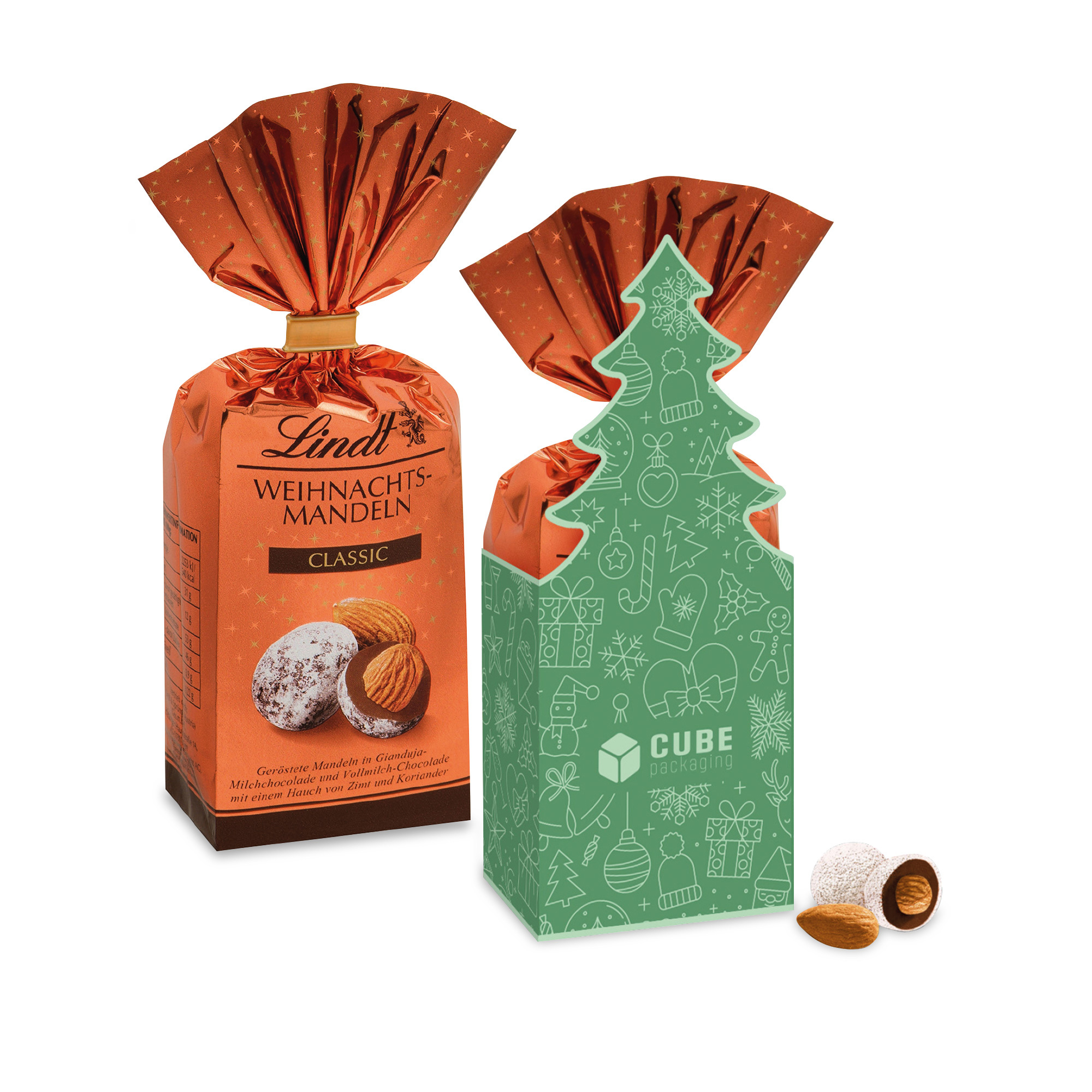 bb trading werbeartikel ag - Lindt Weihnachtsmandeln in Tannenbaum-Schuber im Eigendesign