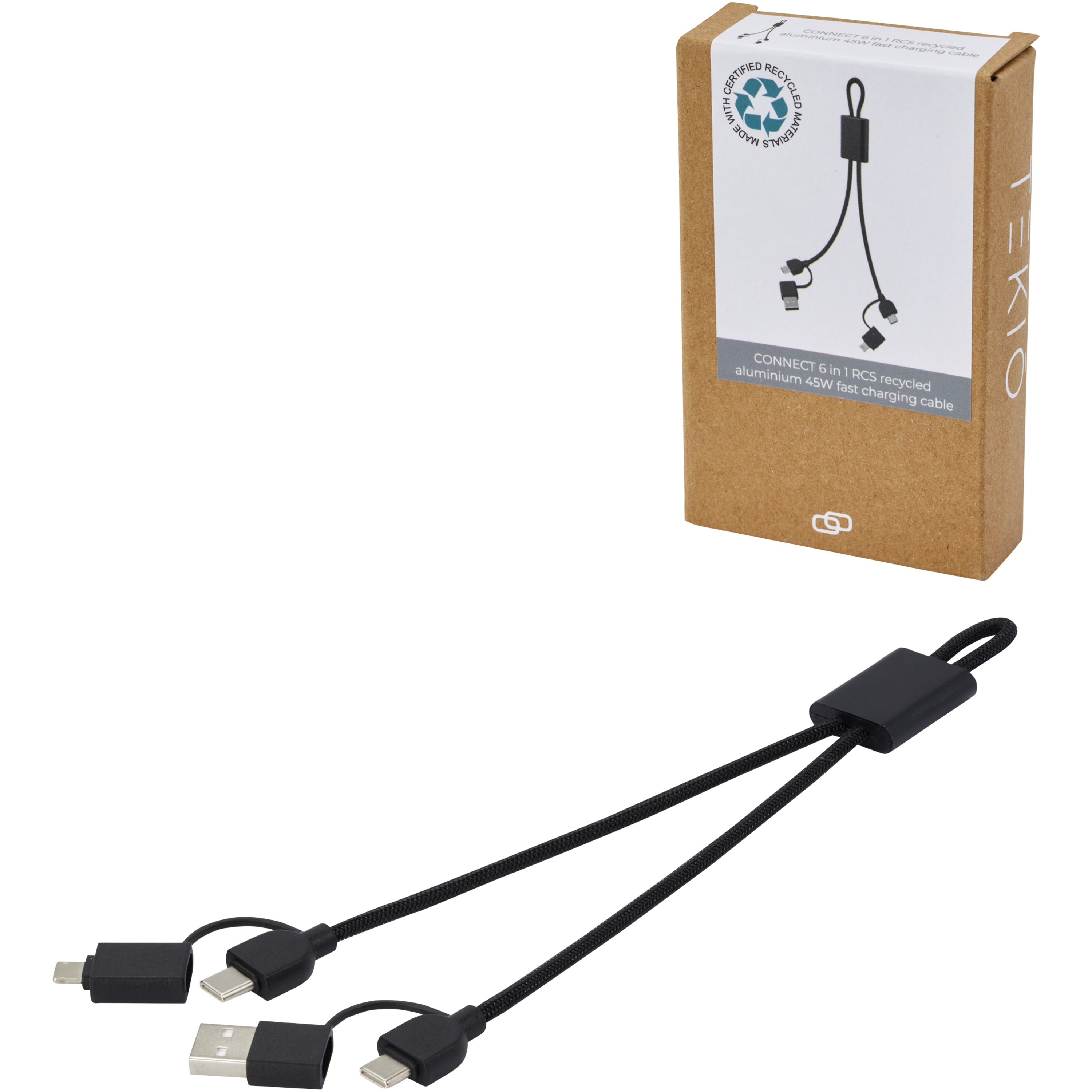 bb trading werbeartikel ag - Câble de recharge rapide USB 6 en 1 rPET 45W avec connecteur Type-C