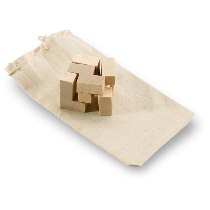 bb trading werbeartikel ag - Holzwürfel Puzzle aus Holz 4,5 x 4,5 cm in Baumwoll-Ziehbeutel