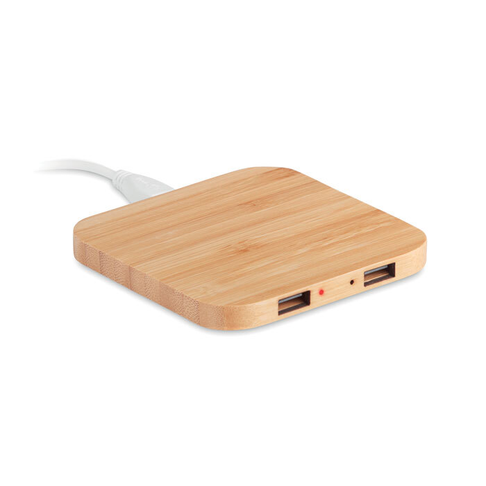 bb trading werbeartikel ag - Wireless charger made of bamboo with 2 port 2.0 hubs