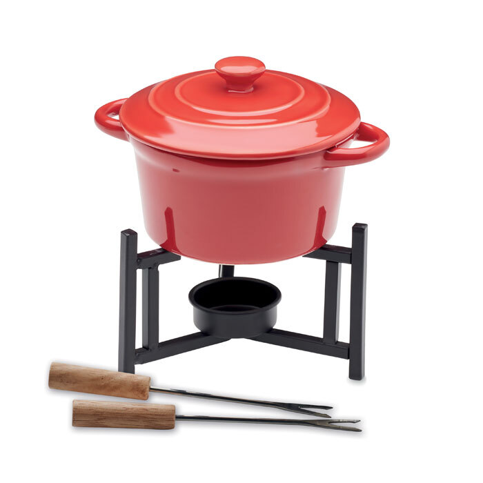 bb trading werbeartikel ag - Mini Fondue Set aus Keramik mit 2 Metallgabeln mit Holzgriff
