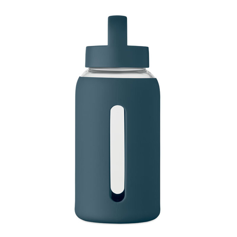 Trinkflasche aus Borosilikatglas mit Silikonhülle und Henkel 0,6 l mit Logo bedrucken