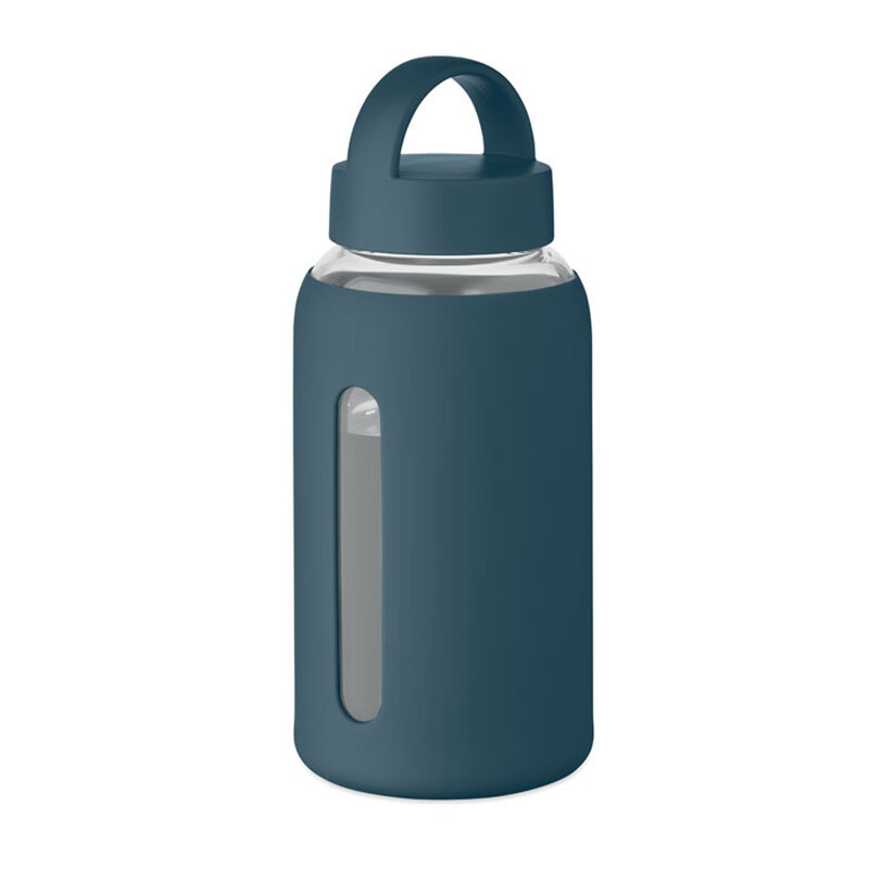 Trinkflasche aus Borosilikatglas mit Silikonhülle und Henkel 0,6 l mit Logo bedrucken