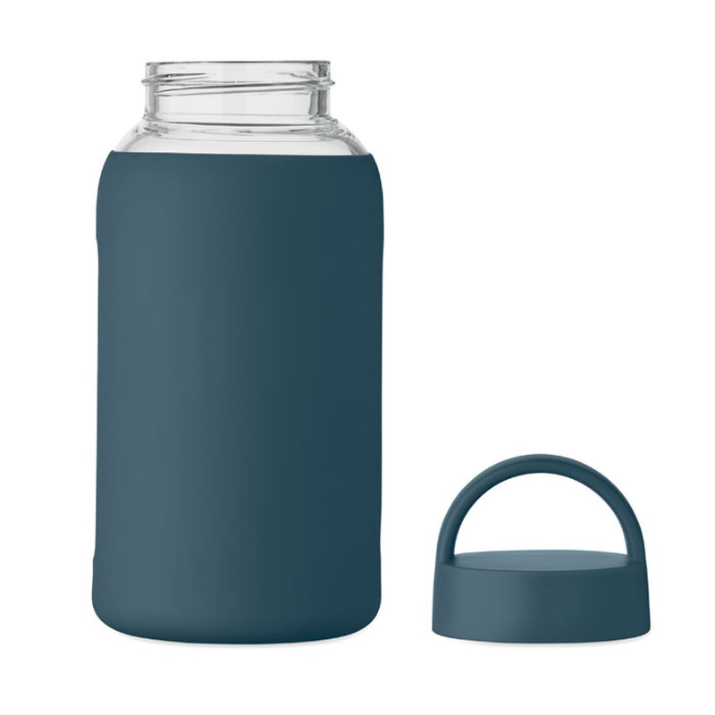 Trinkflasche aus Borosilikatglas mit Silikonhülle und Henkel 0,6 l mit Logo bedrucken