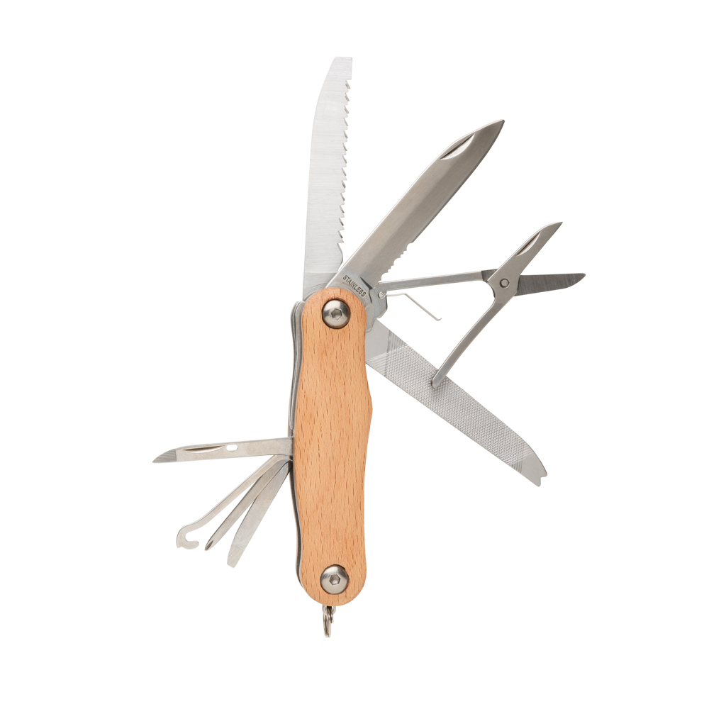 bb trading werbeartikel ag - Multitool bois de hêtre/acier inoxydable 9 fonctions avec porte-clés