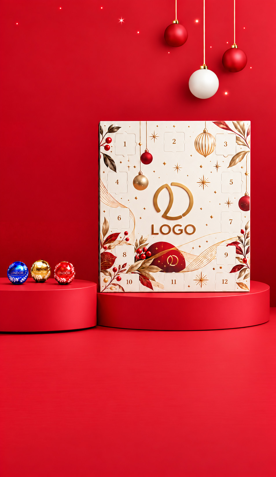 Calendrier de l’Avent personnalisable avec logo d’entreprise, design festif et boules de chocolat sur fond rouge.