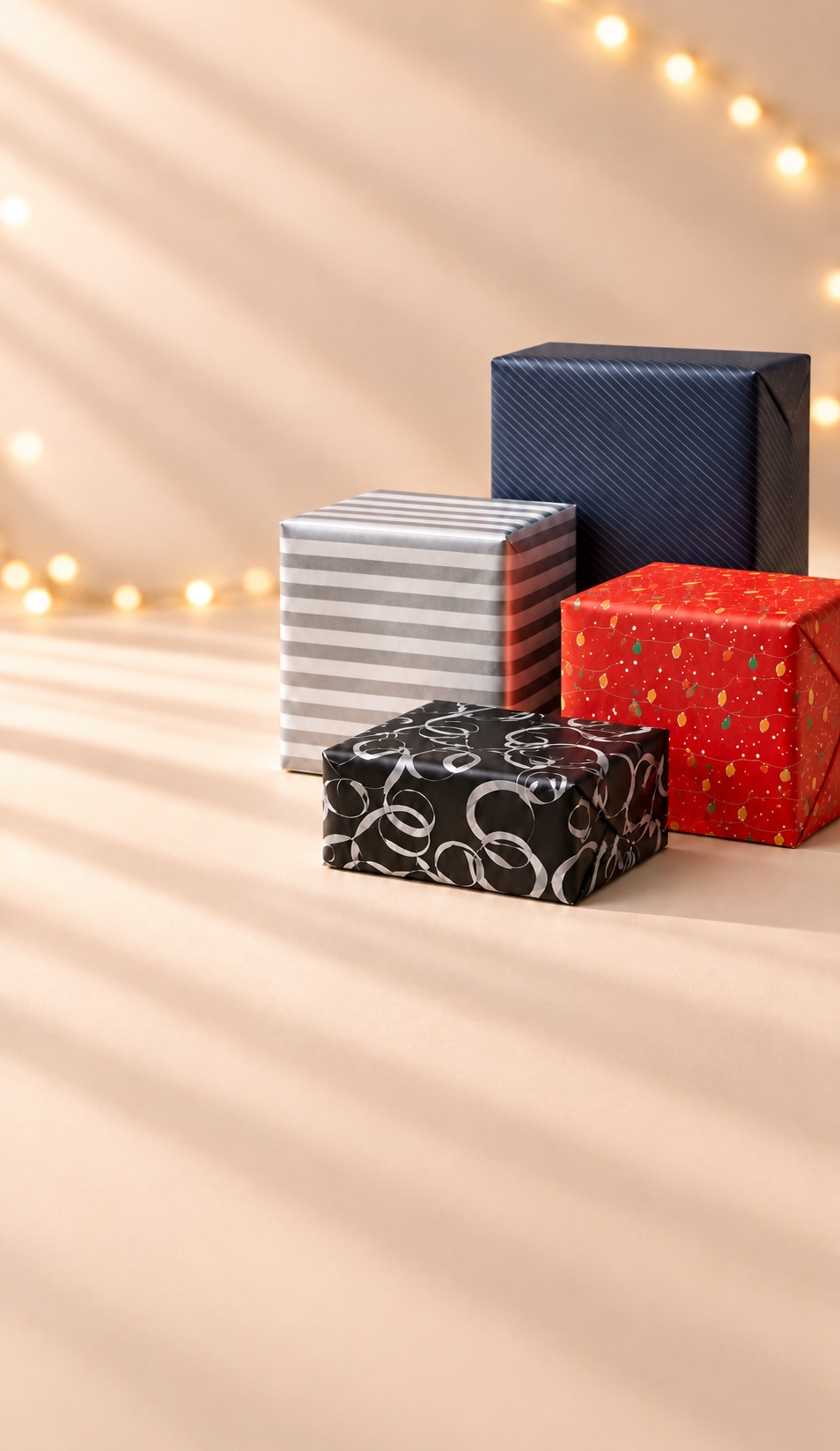 Gift packaging with four different wrapping paper designs